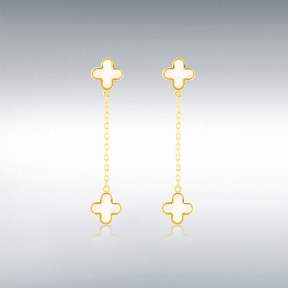 9ct Gold Mother of Pearl Set Quatrefoil Four Leaf Clover Drop Earrings