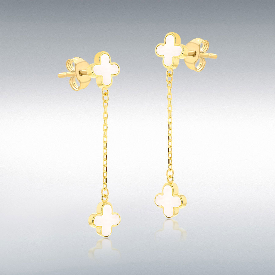 9ct Gold Mother of Pearl Set Quatrefoil Four Leaf Clover Drop Earrings