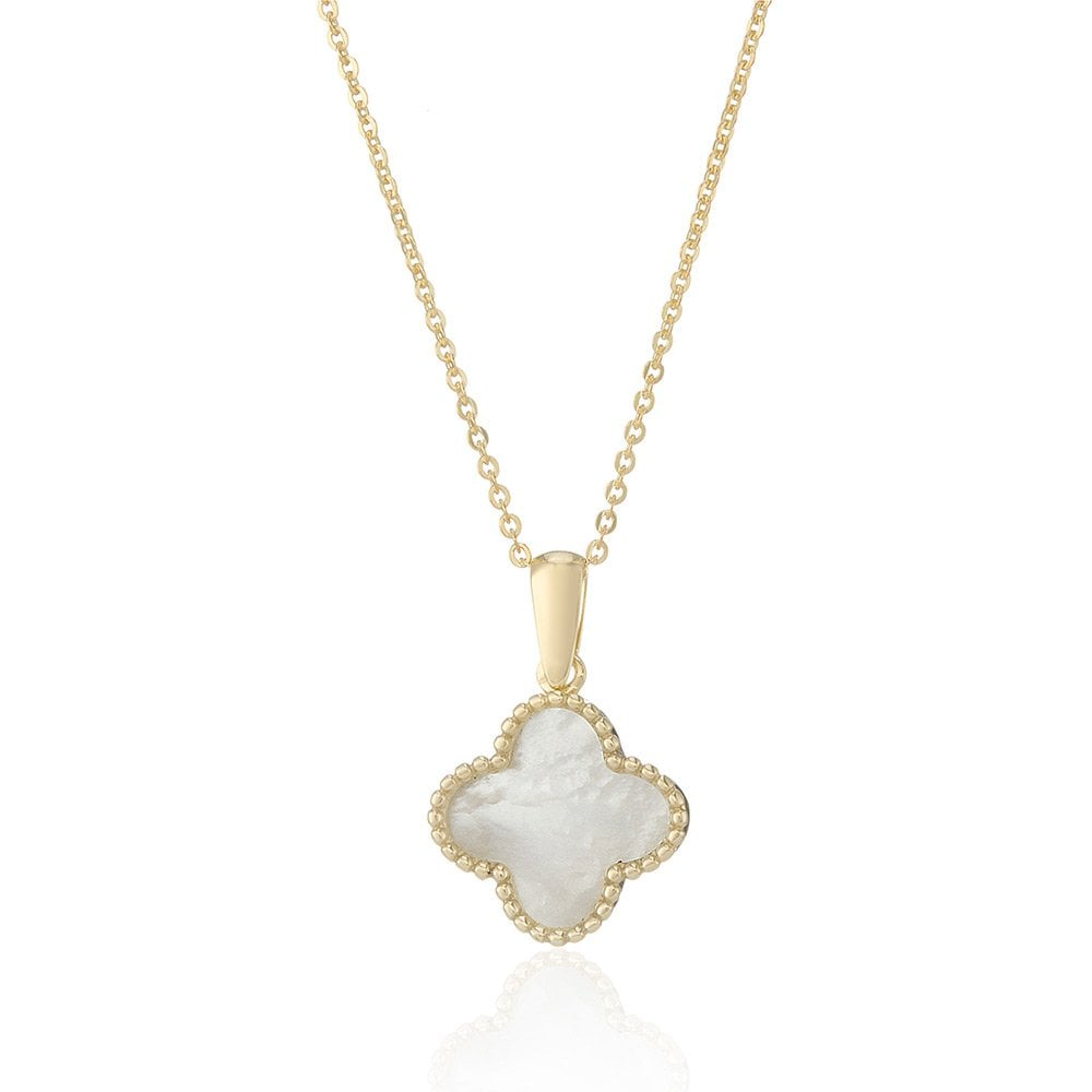 9ct Gold Mother of Pearl Set Quatrefoil Beaded Edge Four Leaf Clover Pendant Necklace