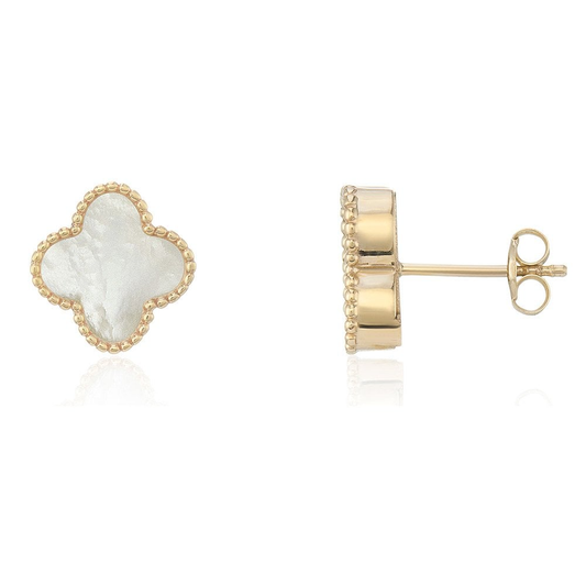 9ct Gold Mother of Pearl Set Quatrefoil Beaded Edge Four Leaf Clover Stud Earrings