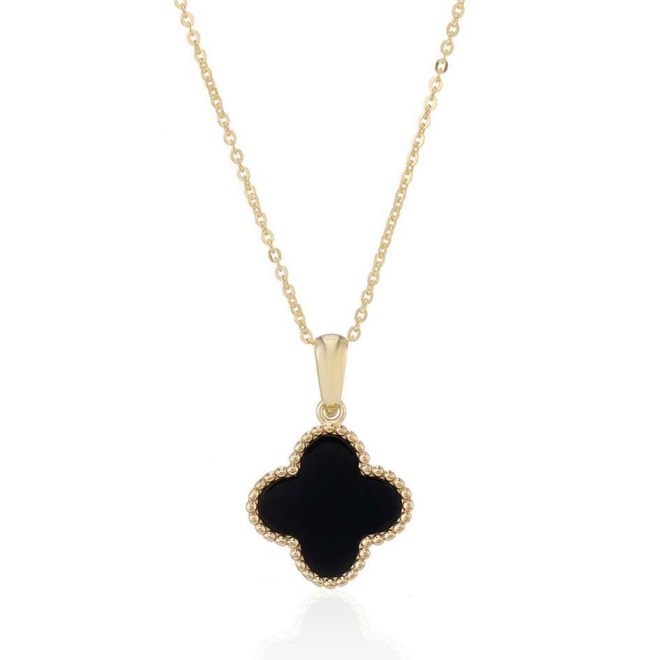 9ct Gold Onyx Set Quatrefoil Beaded Edge Four Leaf Clover Pendant Necklace