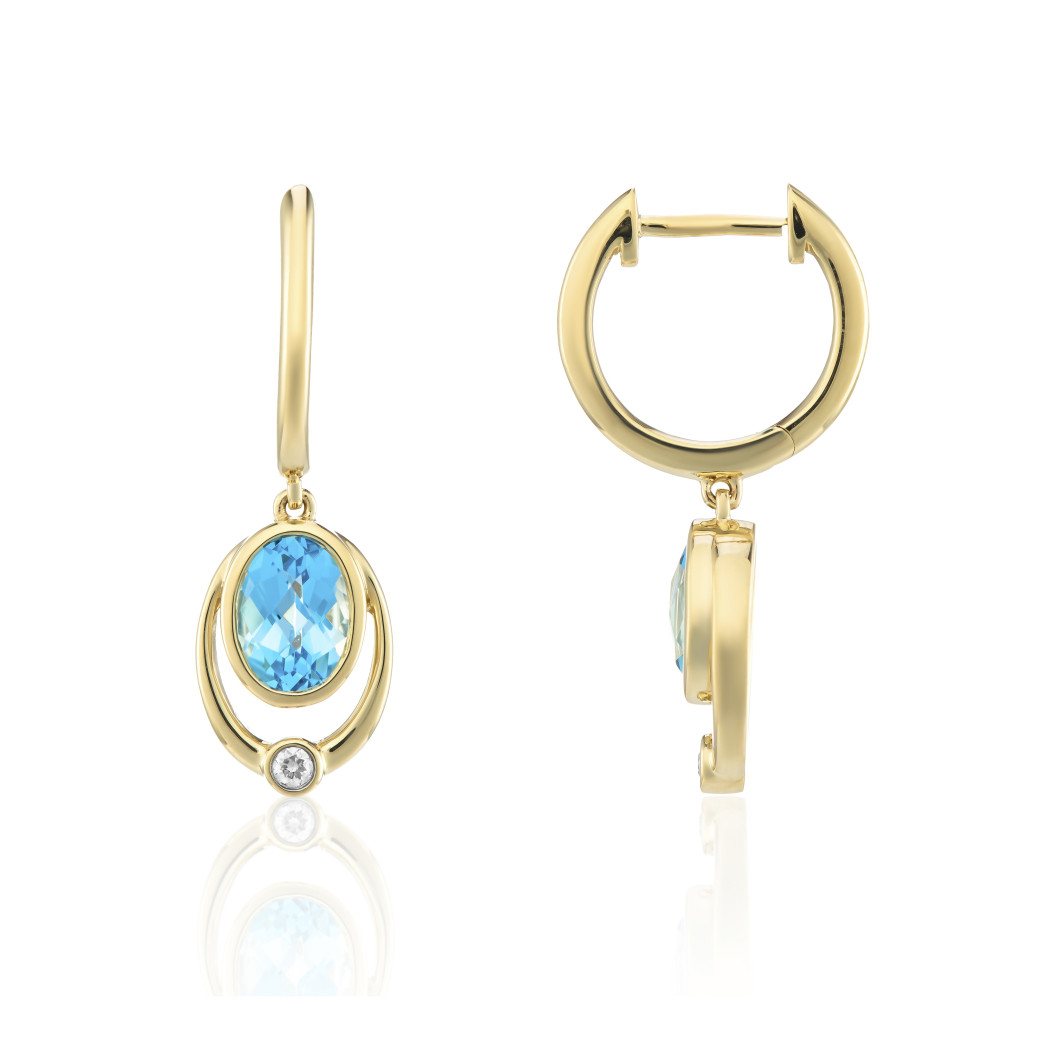 9ct Gold Oval Blue Topaz & Diamond Set Huggy Drop Earrings
