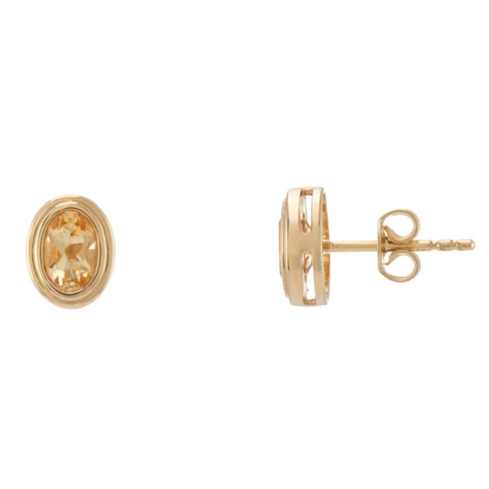 9ct Gold Oval Citrine Rubover Set Stud Earrings
