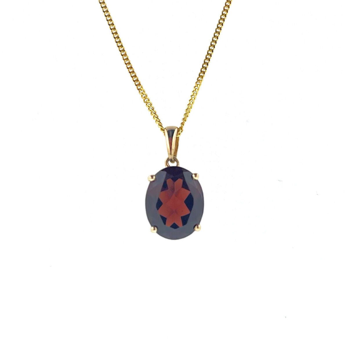 9ct Gold Oval Garnet Claw Set Pendant Necklace