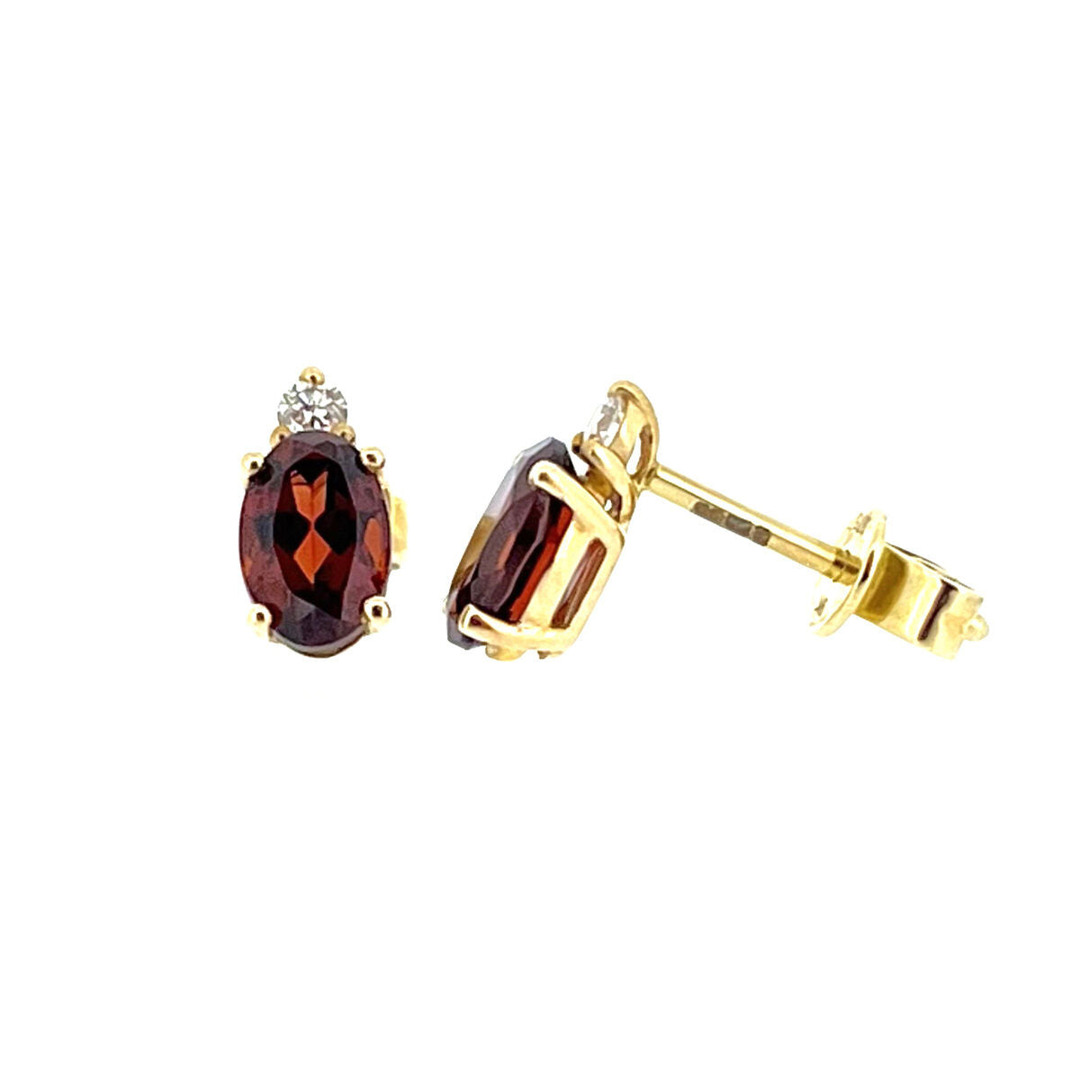 9ct Gold Oval Garnet & Diamond Set Stud Earrings