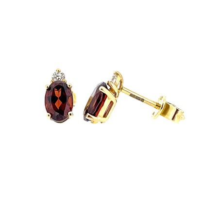 9ct Gold Oval Garnet & Diamond Set Stud Earrings