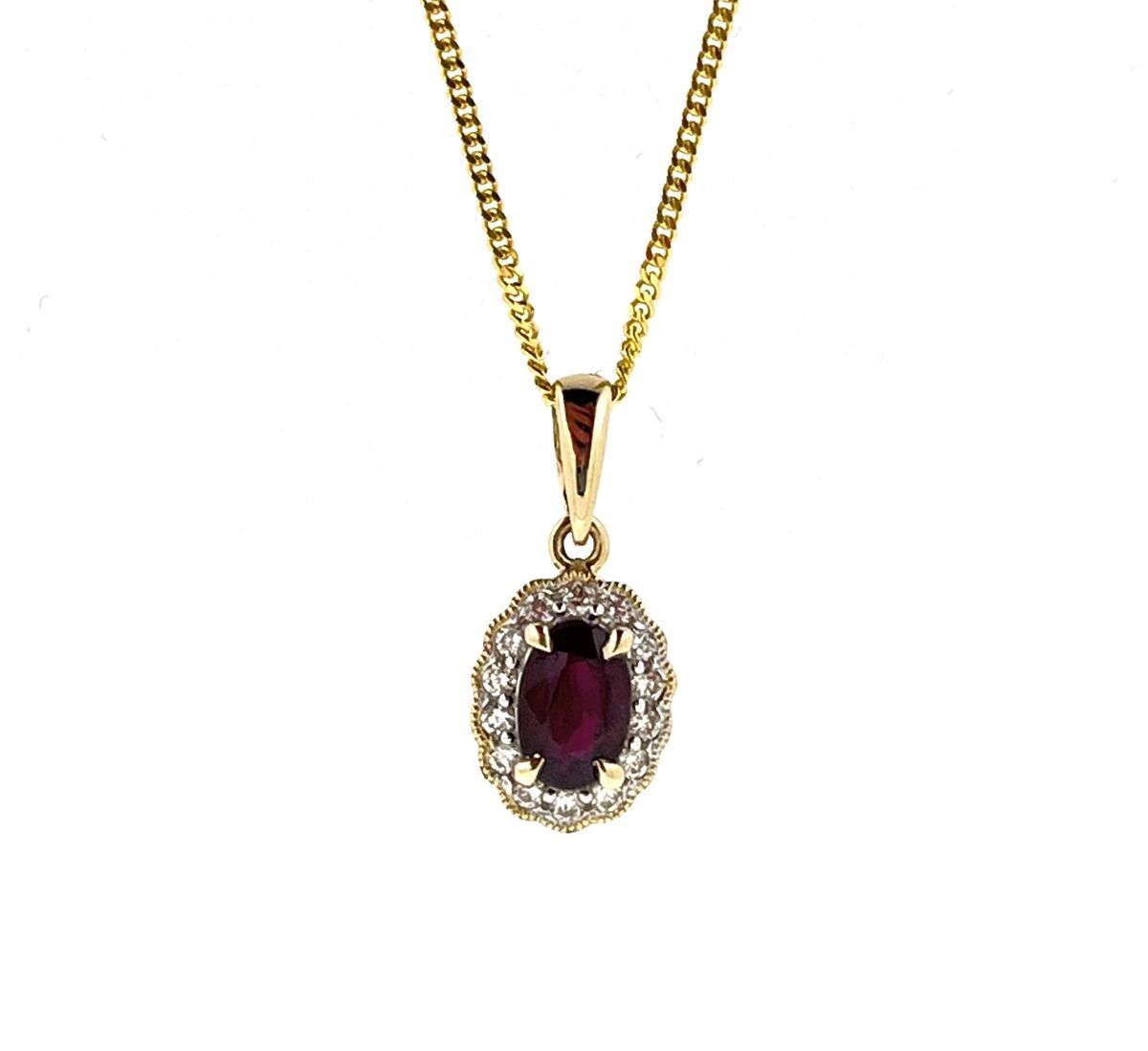 9ct Gold Oval Ruby & Diamond Set Cluster Pendant Necklace