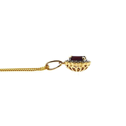 9ct Gold Oval Ruby & Diamond Set Cluster Pendant Necklace