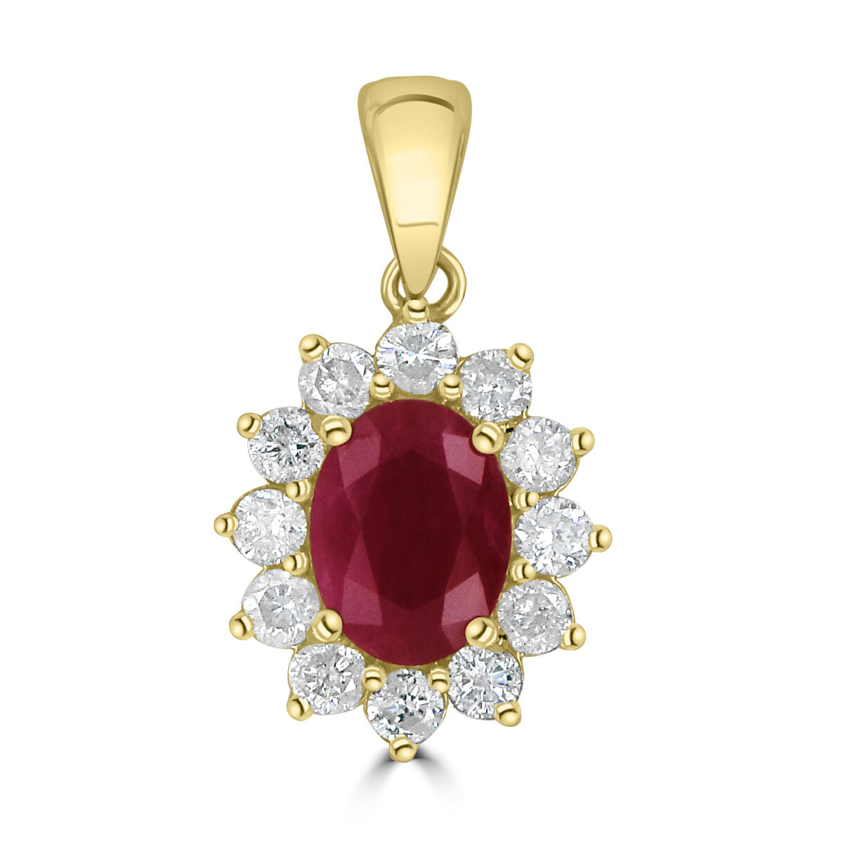 9ct Gold Oval Ruby & Diamond Set Cluster Pendant Necklace