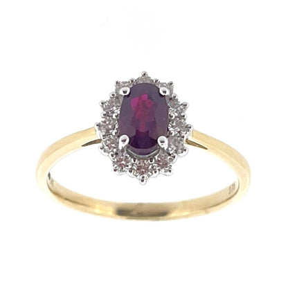 9ct Gold Oval Ruby & Diamond Set Cluster Ring