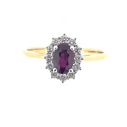 9ct Gold Oval Ruby & Diamond Set Cluster Ring