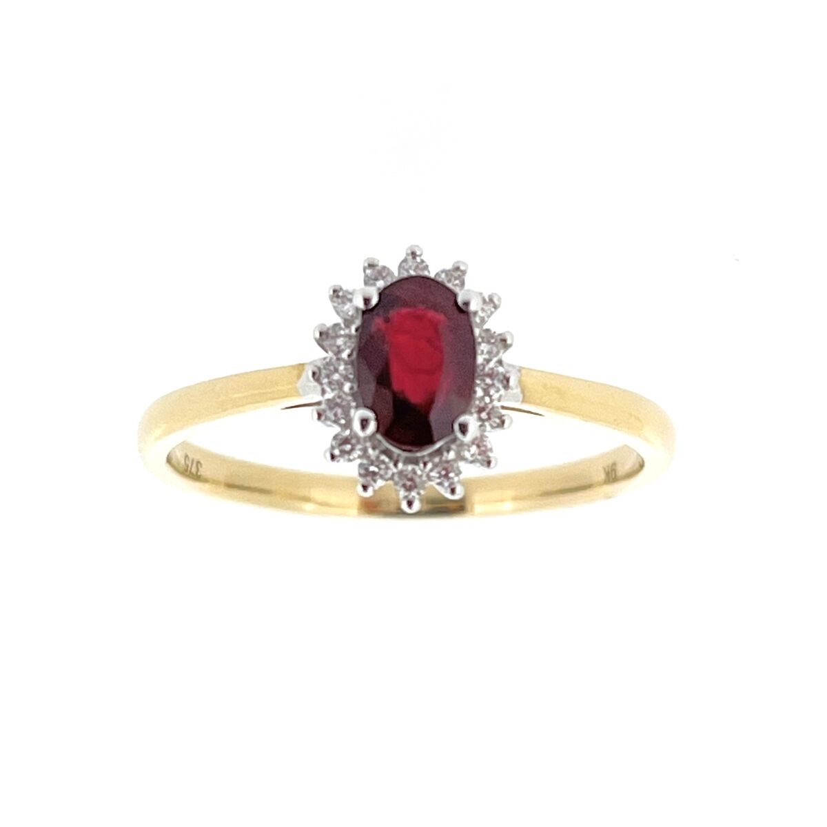 9ct Gold Oval Ruby & Diamond Set Cluster Ring