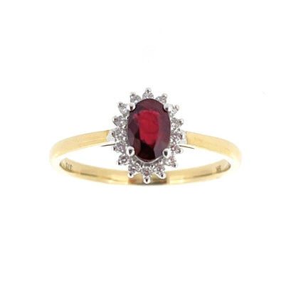 9ct Gold Oval Ruby & Diamond Set Cluster Ring