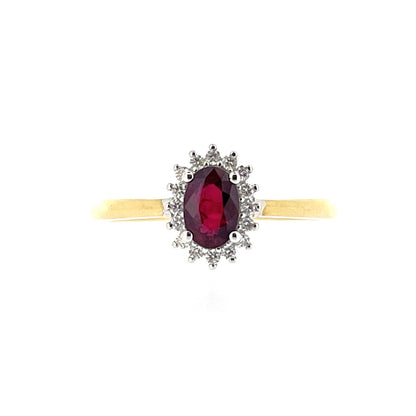 9ct Gold Oval Ruby & Diamond Set Cluster Ring
