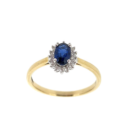 9ct Gold Oval Sapphire & Diamond Set Cluster Ring