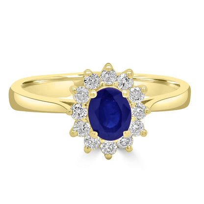 9ct Gold Oval Sapphire & Diamond Set Cluster Ring