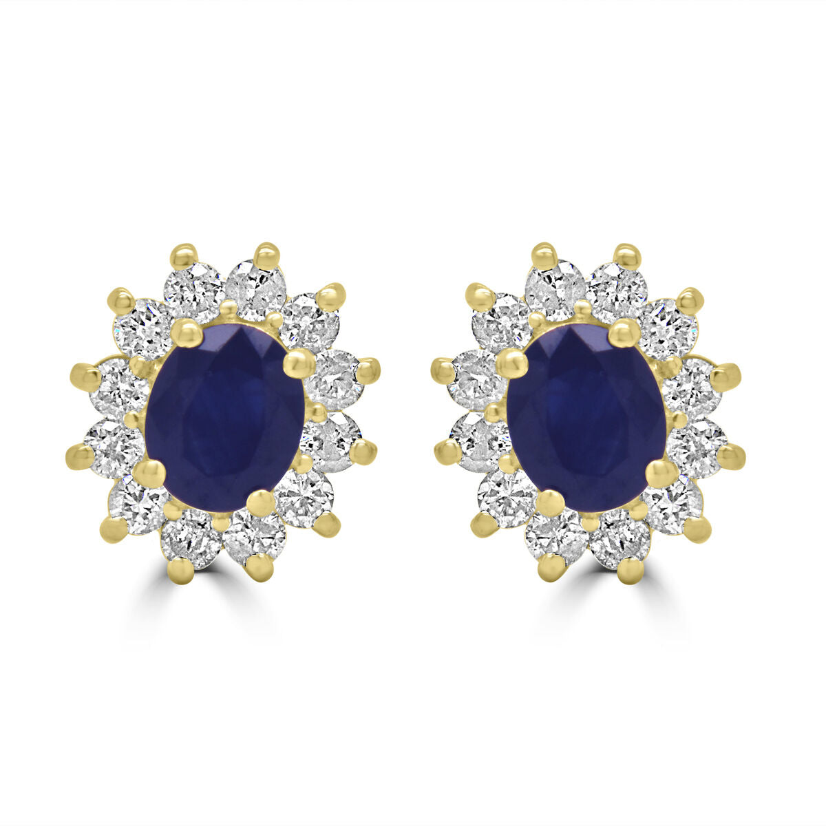9ct Gold Oval Sapphire & Diamond Set Cluster Stud Earrings