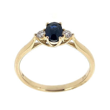 9ct Gold Oval Sapphire & Diamond Set Three Stone Trilogy Ring