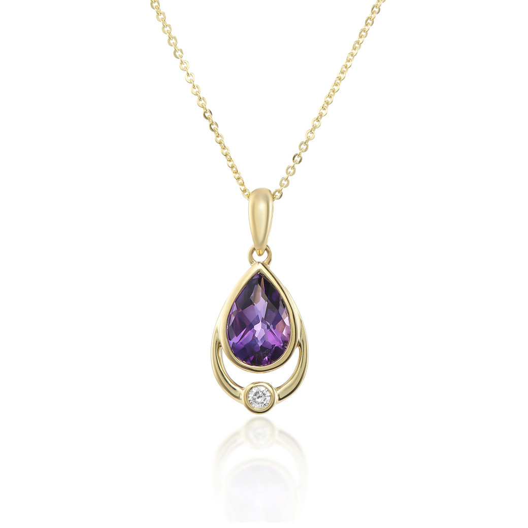 9ct Gold Pear Shape Amethyst & Diamond Set Pendant Necklace