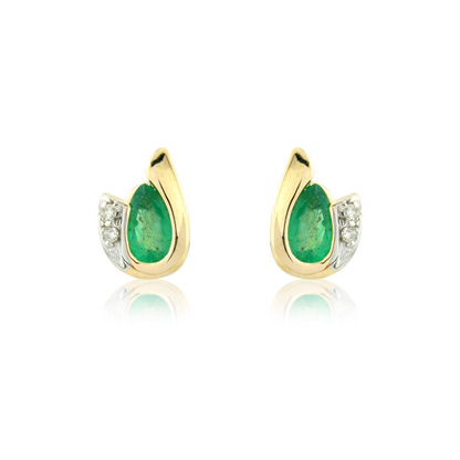 9ct Gold Pear Shape Emerald & Diamond Set Curl Stud Earrings