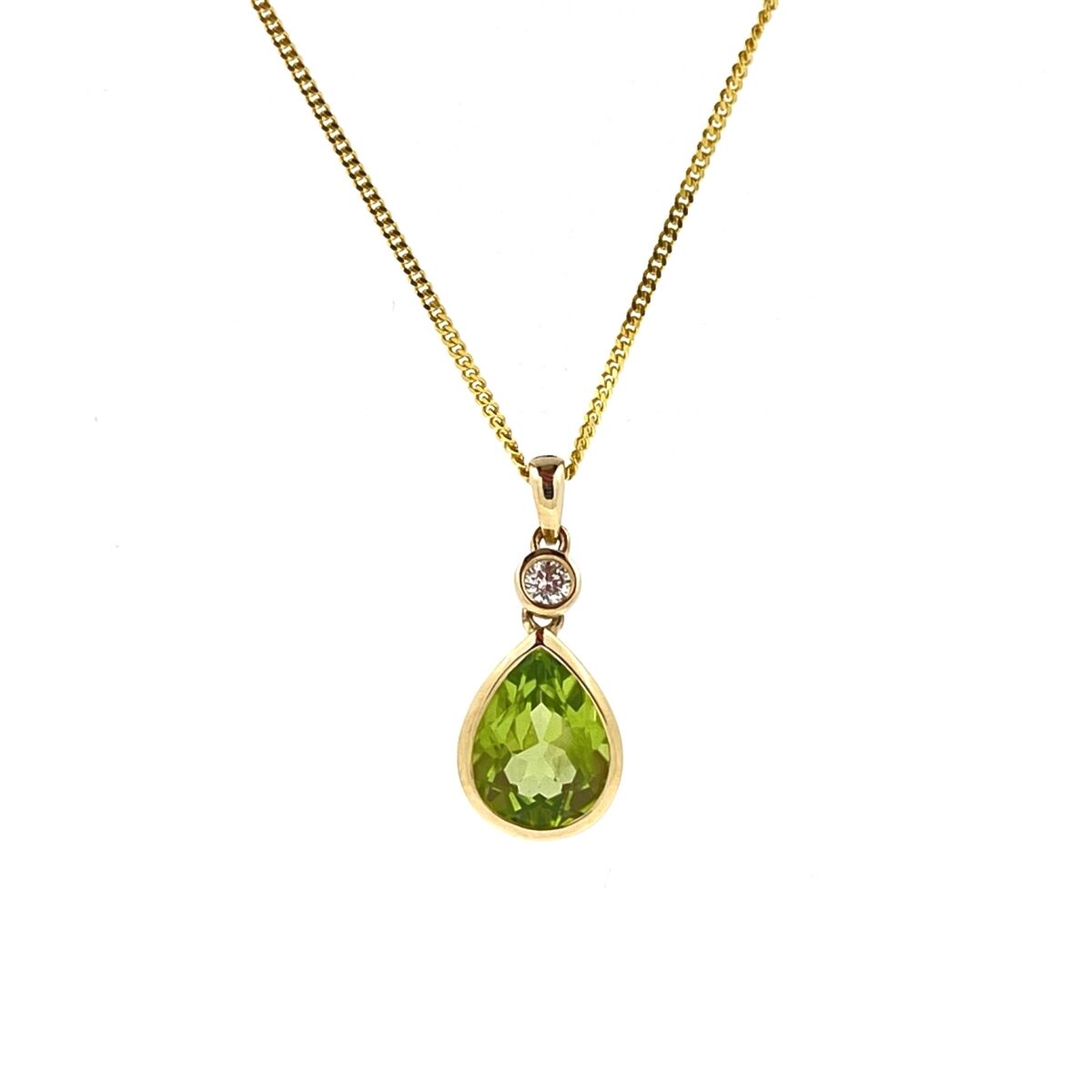 9ct Gold Pear Shape Peridot & Diamond Rubover Set Pendant Necklace