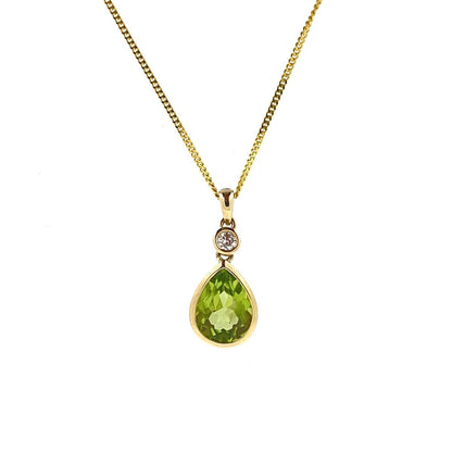 9ct Gold Pear Shape Peridot & Diamond Rubover Set Pendant Necklace