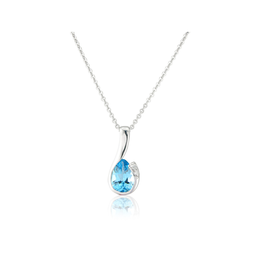 9ct White Gold Pear-Shaped Blue Topaz & Diamond Set Curl Pendant Necklace