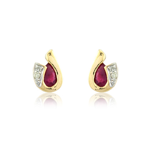 9ct Gold Pear-Shaped Ruby & Diamond Set Curl Stud Earrings
