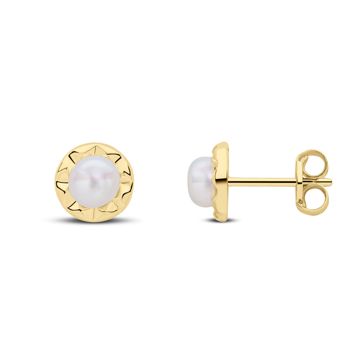 9ct Gold Pearl & Crinkle Border Surround Stud Earrings