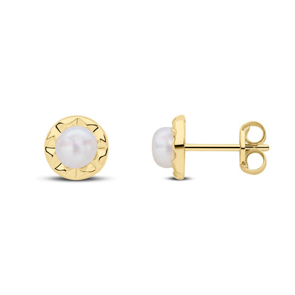 9ct Gold Pearl & Crinkle Border Surround Stud Earrings