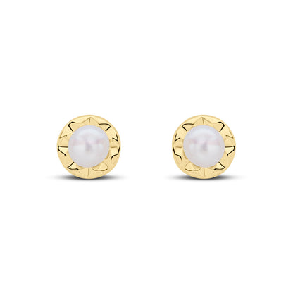 9ct Gold Pearl & Crinkle Border Surround Stud Earrings