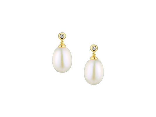 9ct Gold Pearl & Diamond Set Drop Earrings