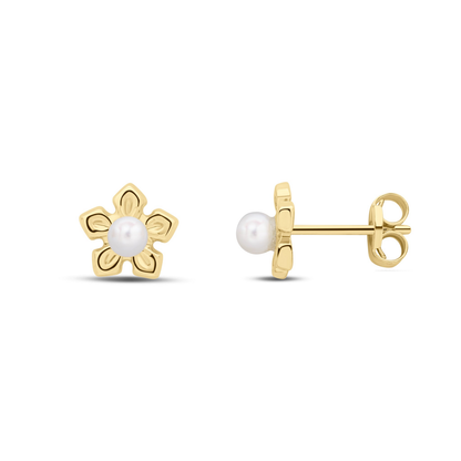 9ct Gold Pearl Flower Design Stud Earrings