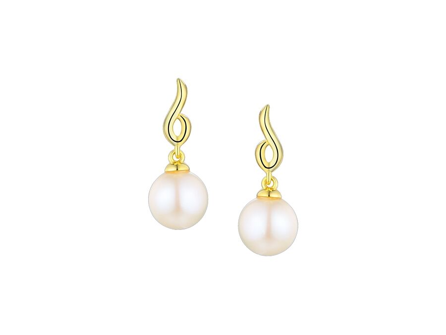 9ct Gold Pearl Set Swoosh Design Drop Earrings