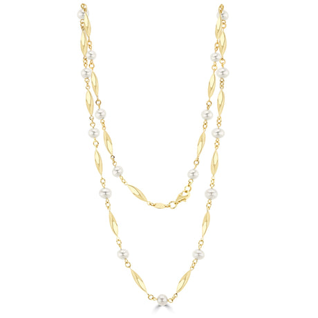 9ct Gold Cultured Freshwater Pearl Set Twist Bar Link Necklace