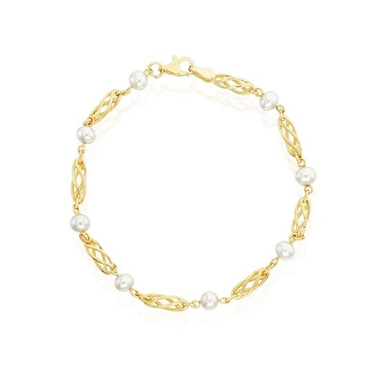 9ct Gold Pearl Set Twist Cage Link Bracelet