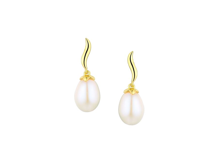 9ct Gold Pearl Set Wave Design Drop Earrings