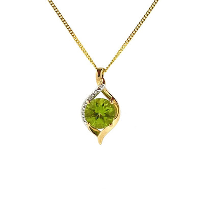 9ct Gold Peridot & Diamond Set Ribbon style Pendant Necklace