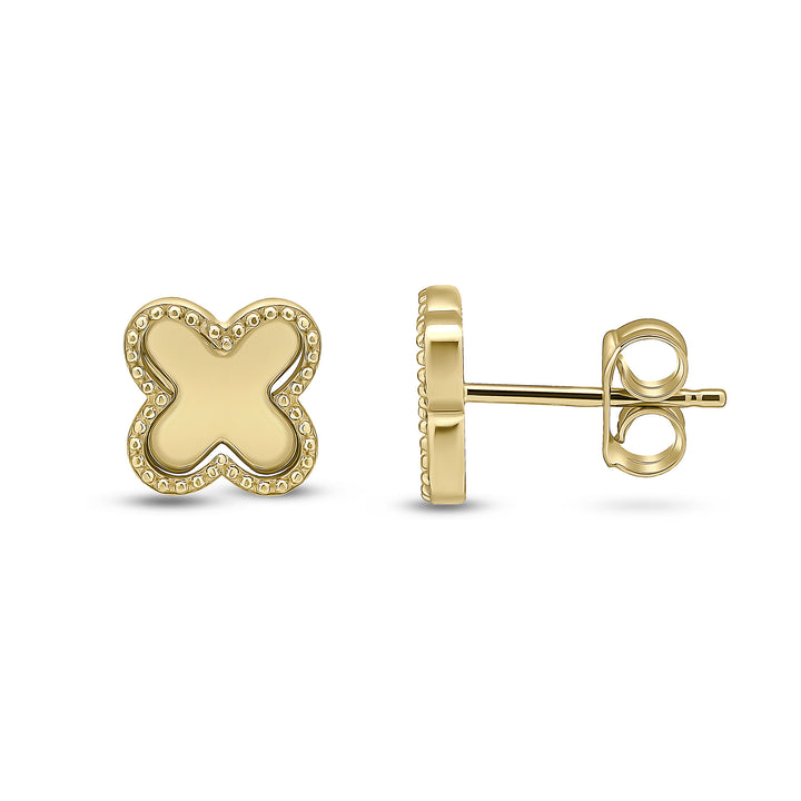 9ct Gold Quatrefoil Beaded Edge Four Leaf Clover Stud Earrings