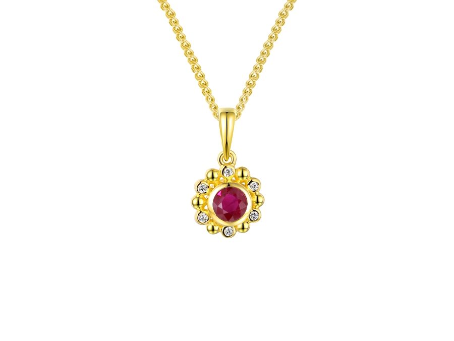 9ct Gold Ruby & Diamond Set Cluster Pendant Necklace