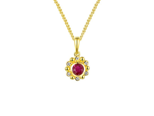 9ct Gold Ruby & Diamond Set Cluster Pendant Necklace