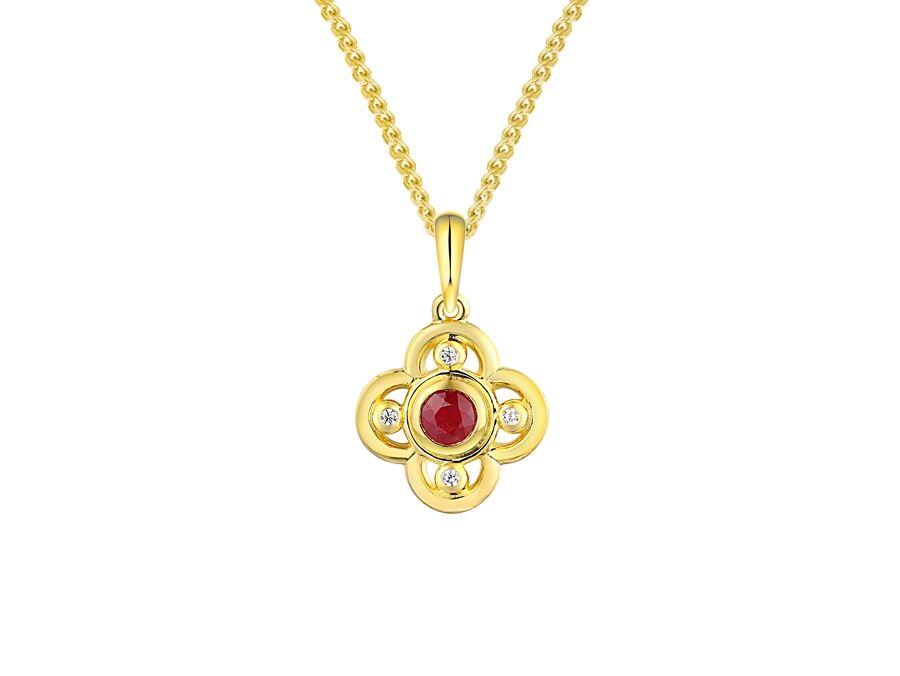 9ct Gold Ruby & Diamond Set Quatrefoil Pendant Necklace