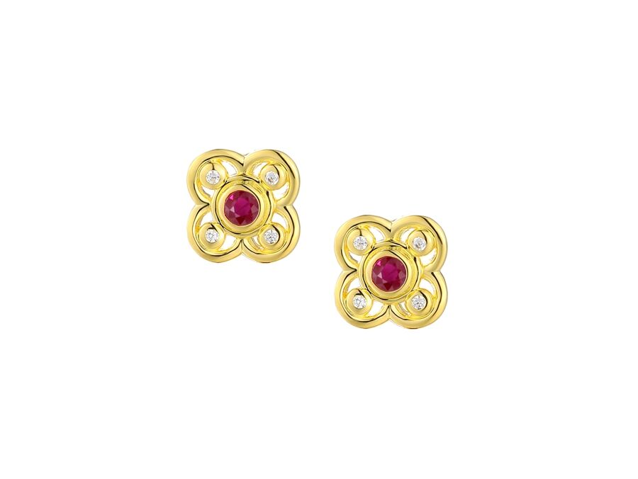 9ct Gold Ruby & Diamond Set Quatrefoil Stud Earrings