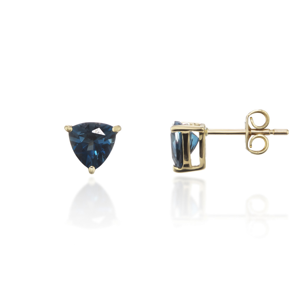 9ct Gold Trilliant Cut Blue Topaz Claw Set Stud Earrings