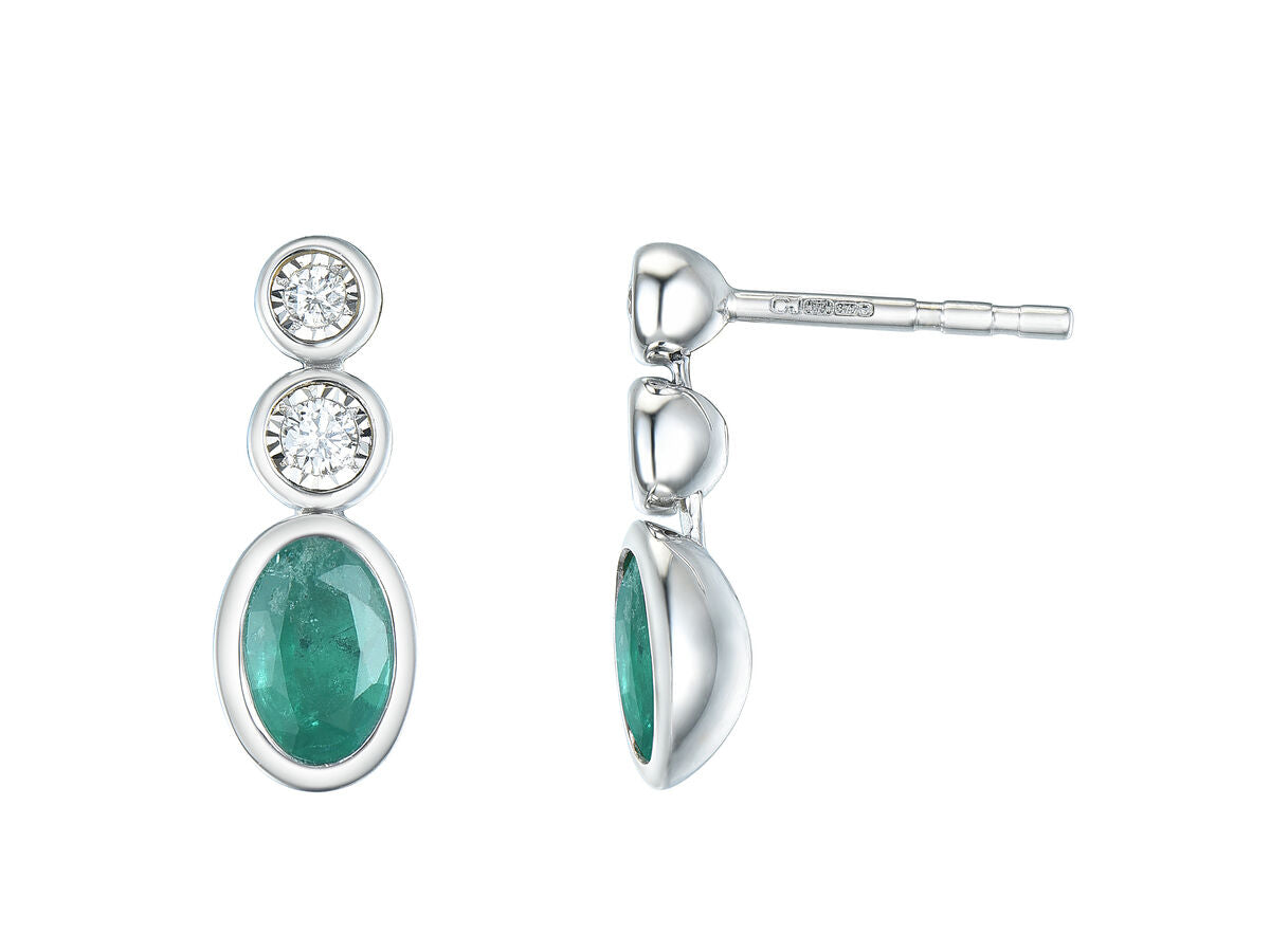 9ct White Gold Oval Emerald & Diamond Rubover Set Drop Earrings