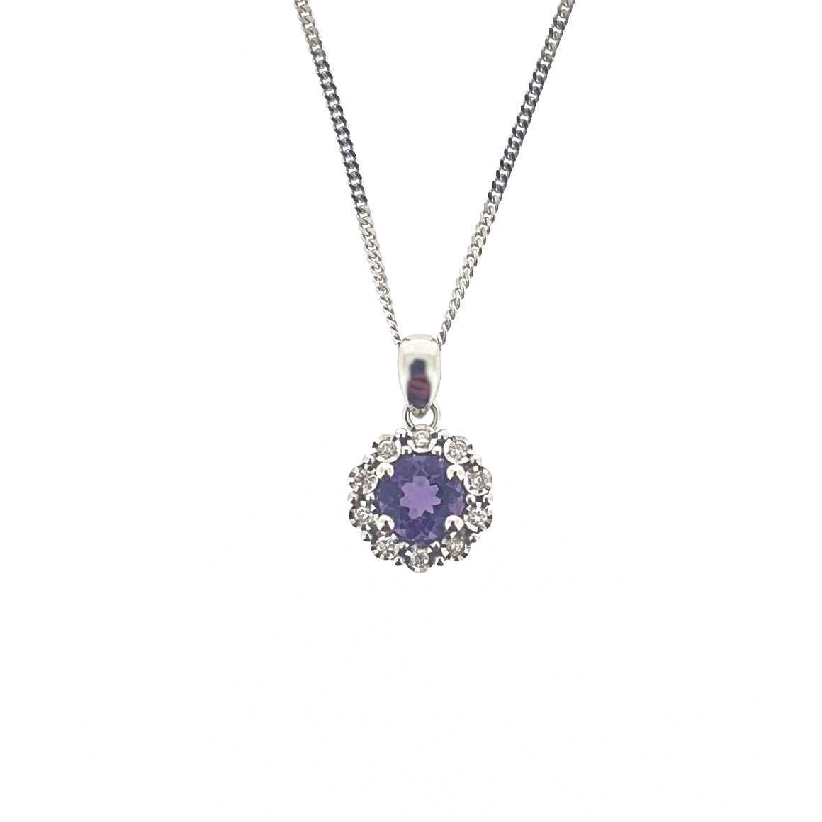 9ct White Gold Amethyst & Diamond Set Cluster Pendant Necklace