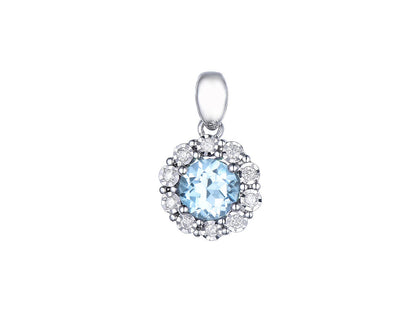 9ct White Gold Blue Topaz & Diamond Set Cluster Pendant Necklace