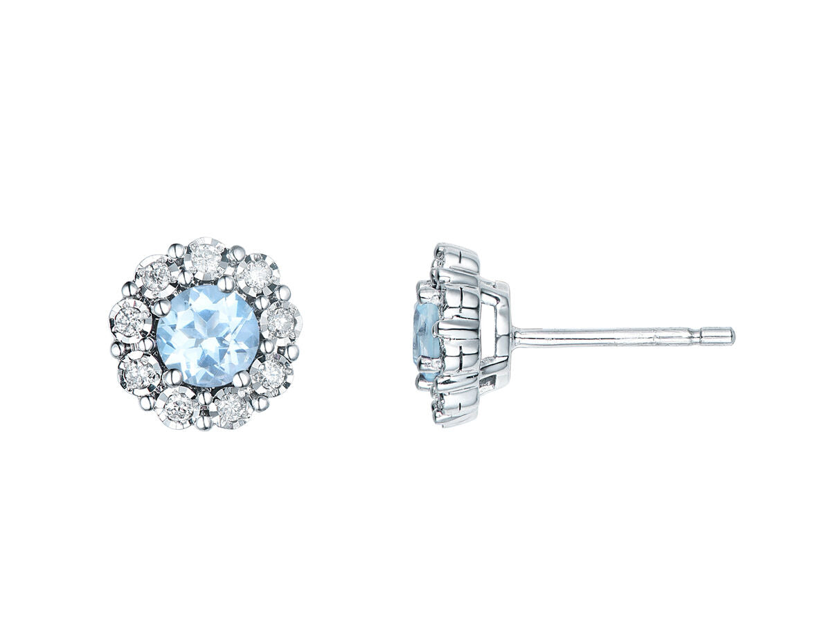 9ct White Gold Blue Topaz & Diamond Set Cluster Stud Earrings