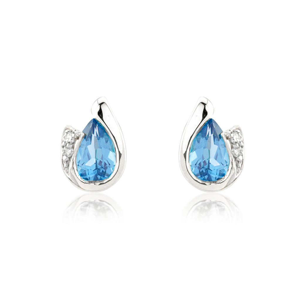 9ct White Gold Blue Topaz & Diamond Set Curl Stud Earrings