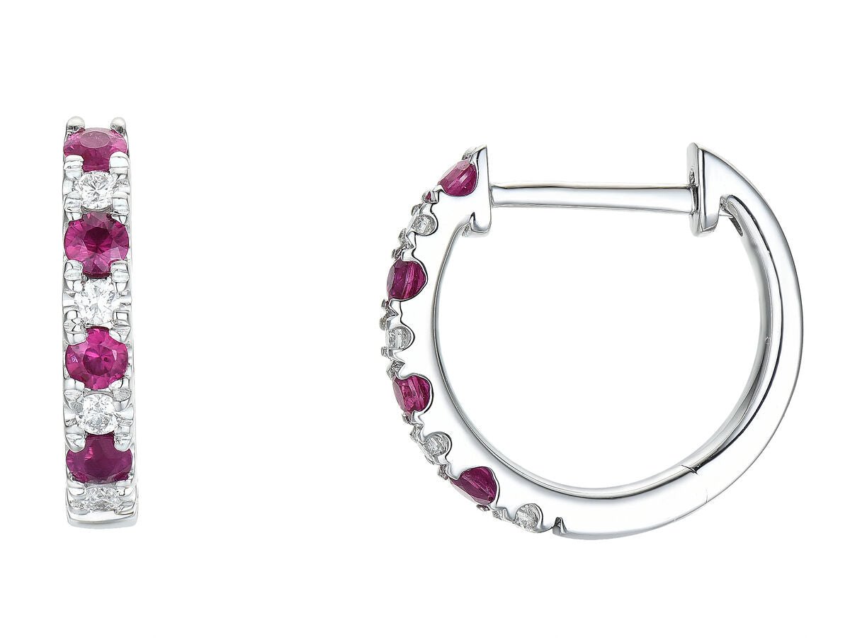 9ct White Gold Claw Set Ruby & Diamond Hoop Earrings